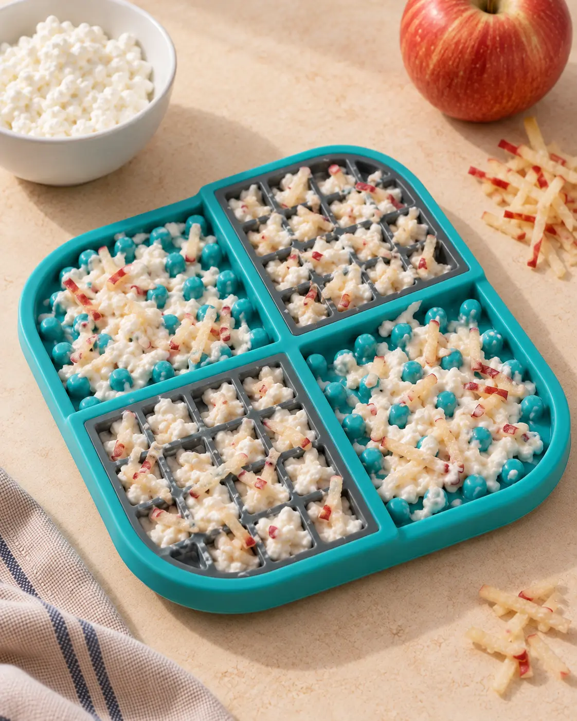 Cottage cheese mixed with grated apple in a teal lick mat tray