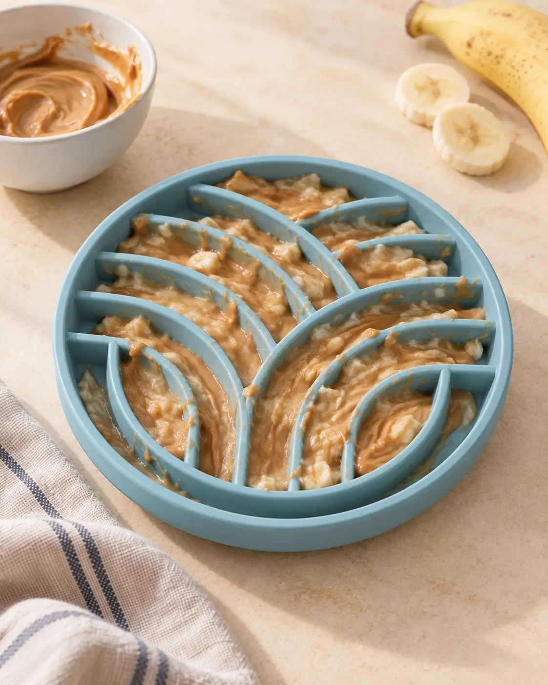 Mashed banana and peanut butter spread into a blue lick mat bowl