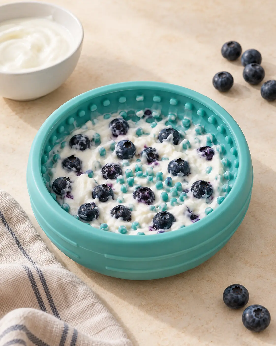 Blueberry yoghurt delight spread in a teal lick mat bowl with fresh blueberries