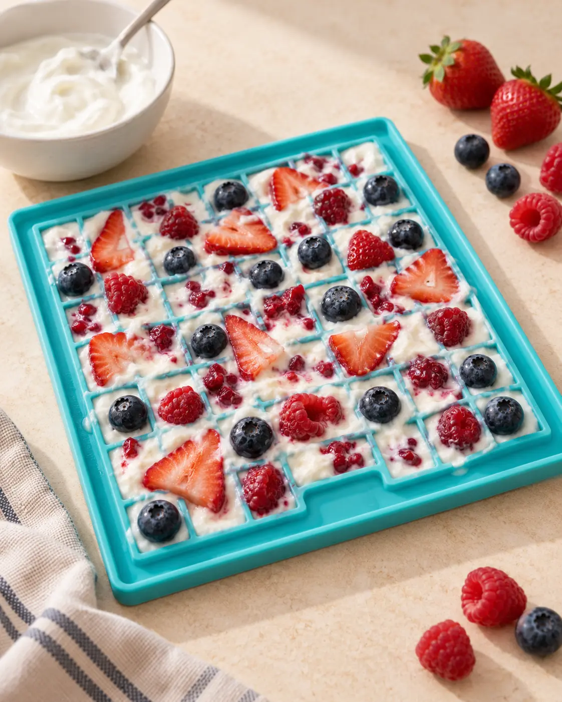 Frozen berry treat: yoghurt with strawberries, raspberries and blueberries in a teal lick mat