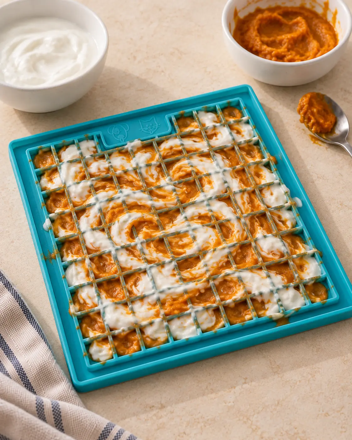 Pumpkin puree and yoghurt swirled together across a teal lick mat
