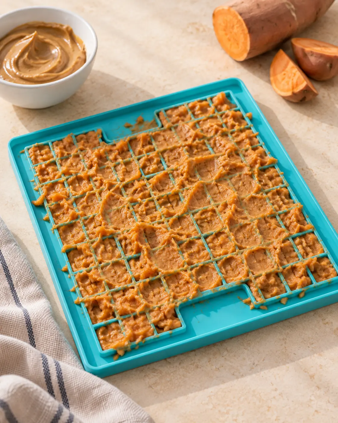 Mashed sweet potato and peanut butter spread across a teal lick mat