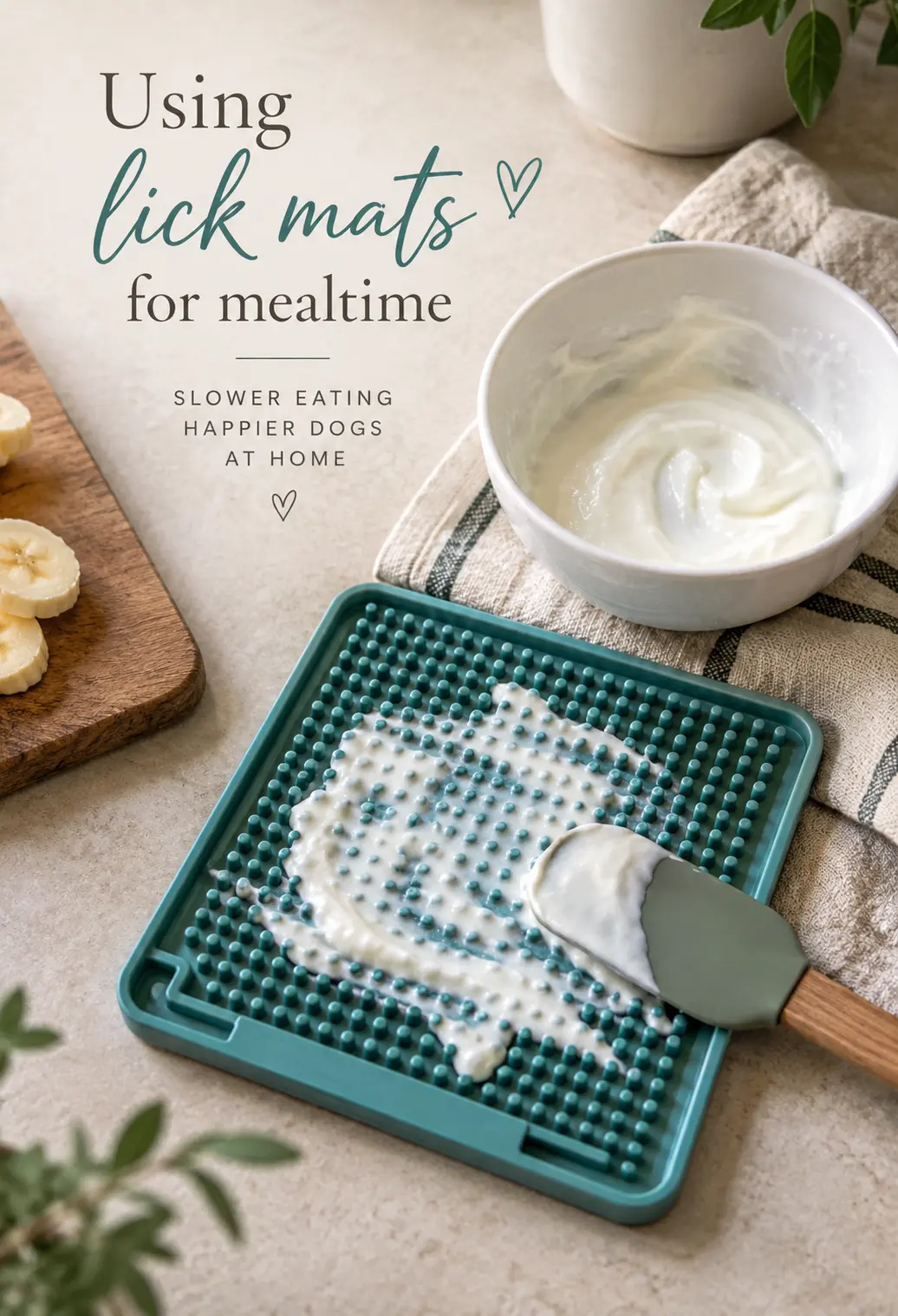 Spreading yoghurt onto a teal lick mat for mealtime, with banana slices and a bowl of yoghurt