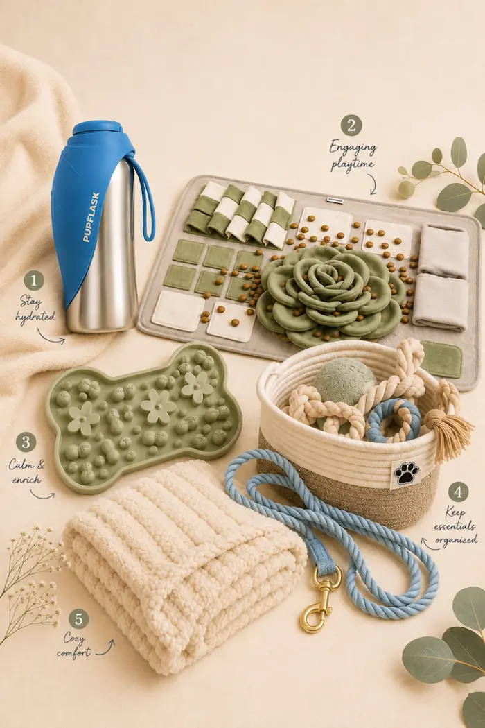 Eight practical dog finds, portable water bottle, snuffle mat, lick mat, toy basket, leash, blanket, poop bag holder and treat pouch