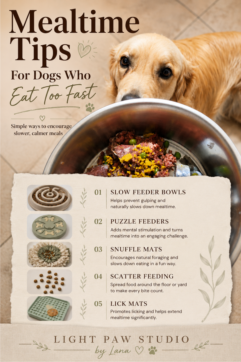 Mealtime tips for dogs who eat too fast — slow feeder bowls, puzzle feeders, snuffle mats, scatter feeding, lick mats