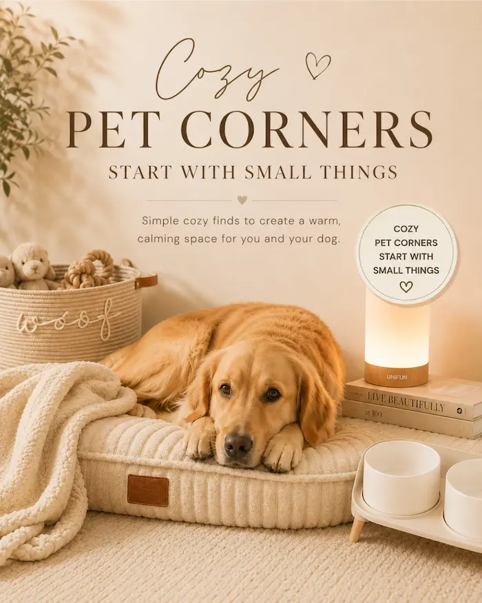 Cozy pet corner with a golden retriever resting on an orthopedic mat, toy basket and elevated bowls
