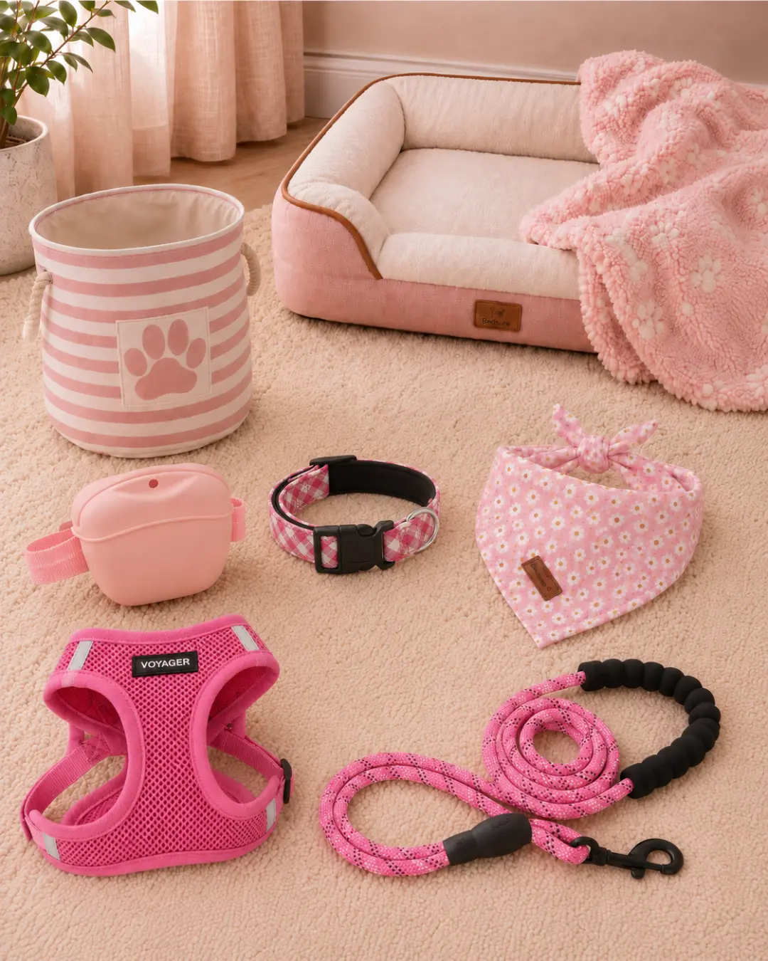 Pink puppy harness, lead, collar, bandana and treat pouch arranged beside a bed