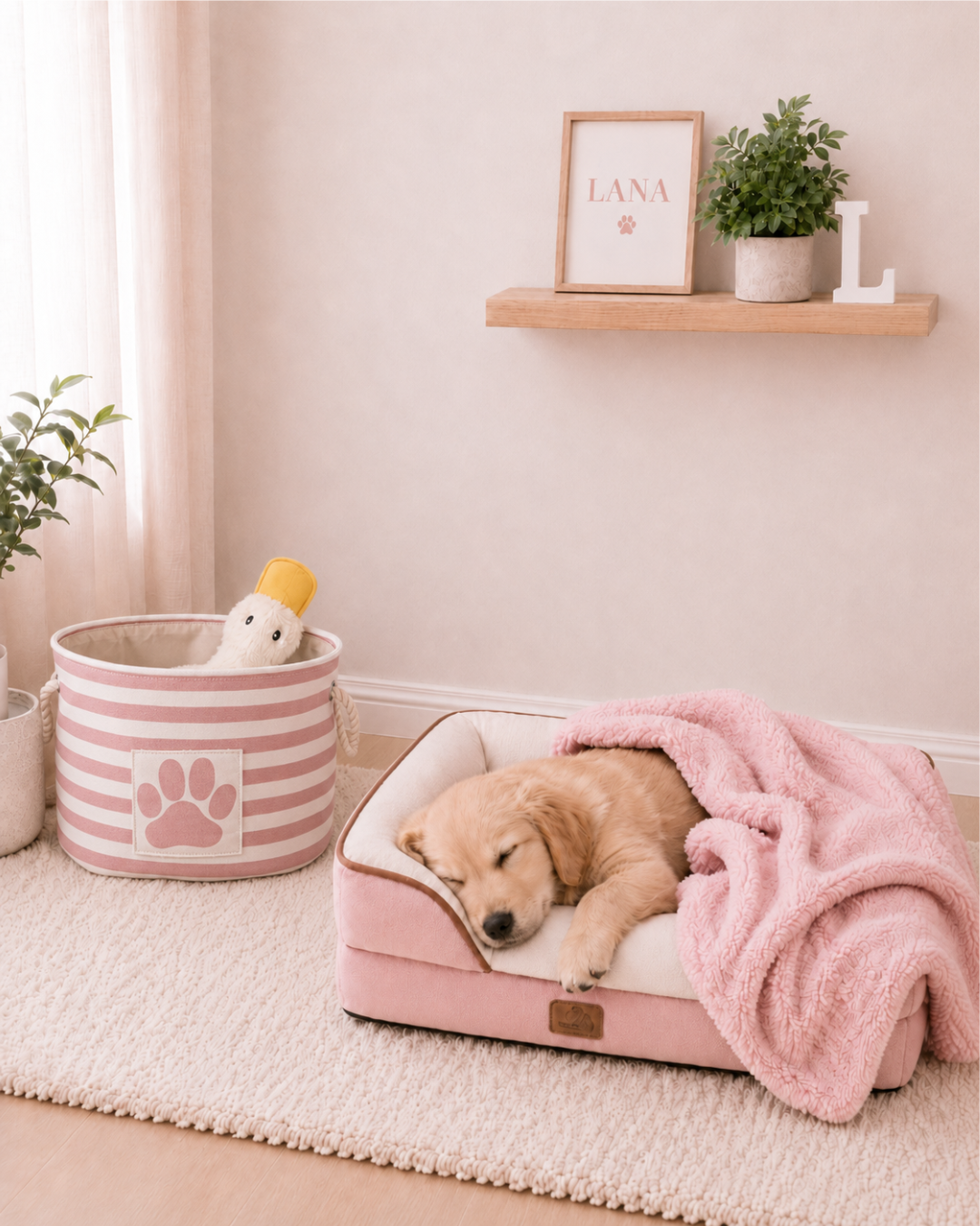 Pink puppy sleep nook: golden retriever puppy asleep in her pink bed with a cosy blanket