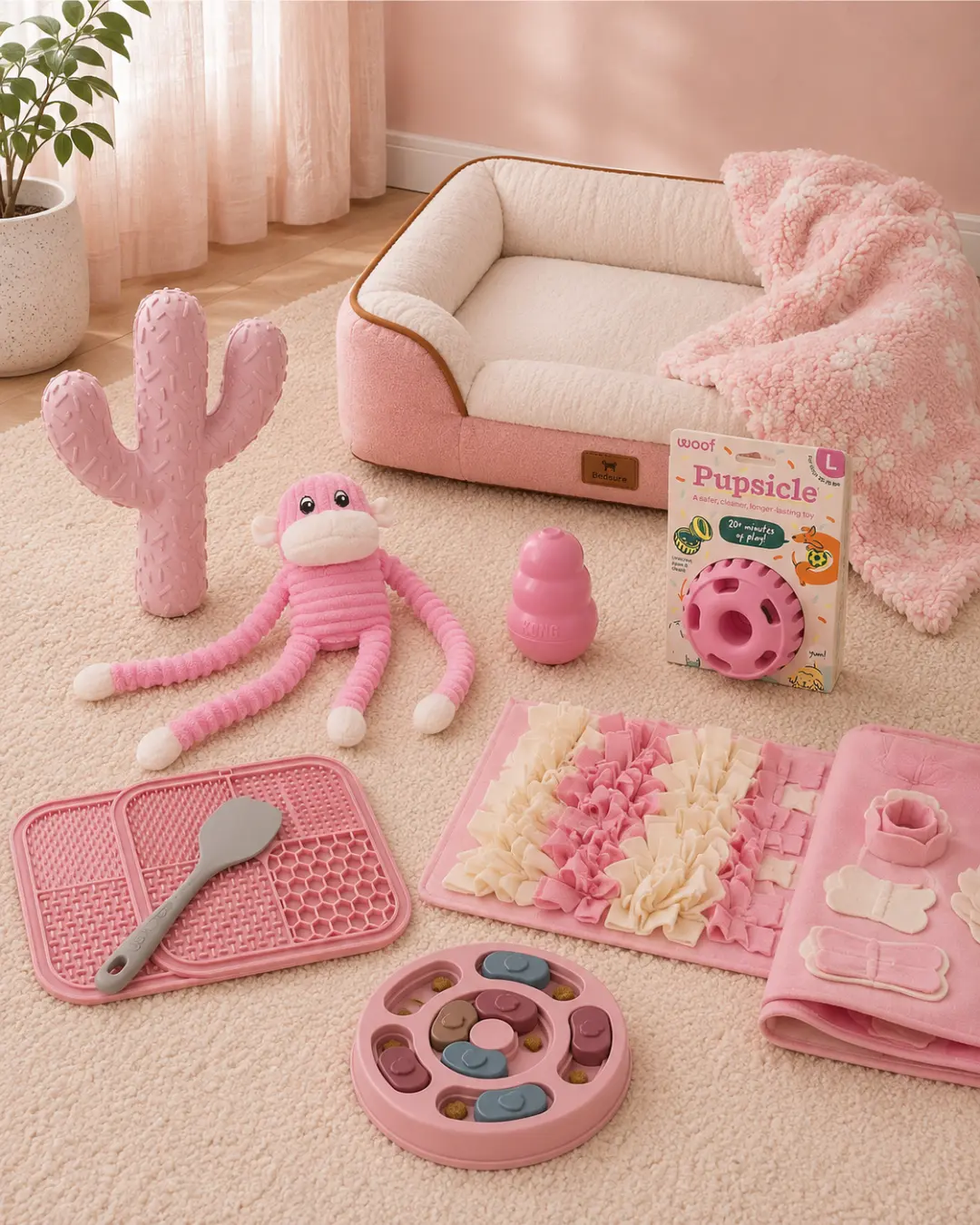 Flat lay of pink puppy toys and enrichment: plush toys, snuffle mat, lick mat, puzzle feeder and treat toys