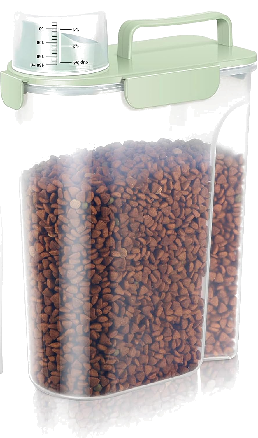 Airtight dog food storage container with sage green lid and built-in measuring cup