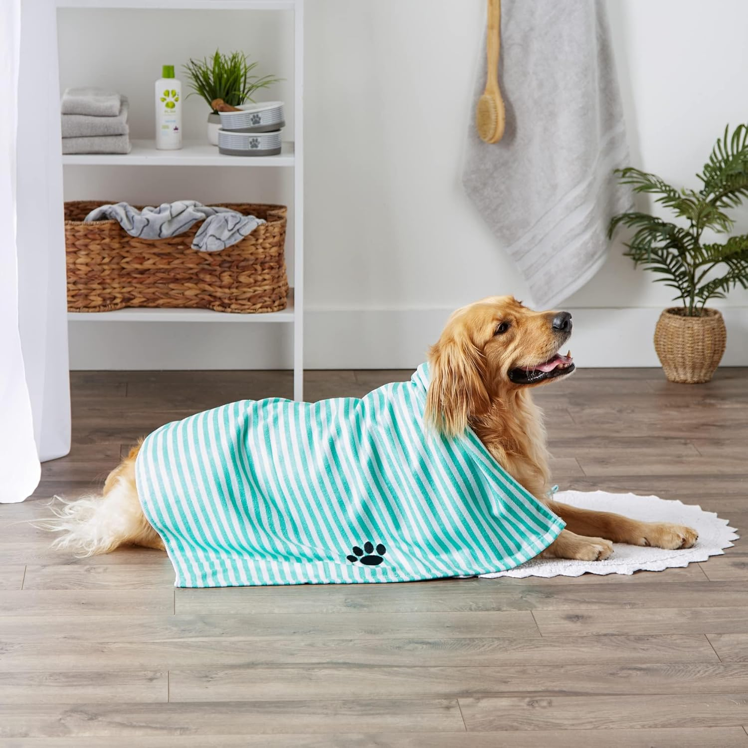 Bone Dry Microfiber Dog Grooming Towel Striped Aqua