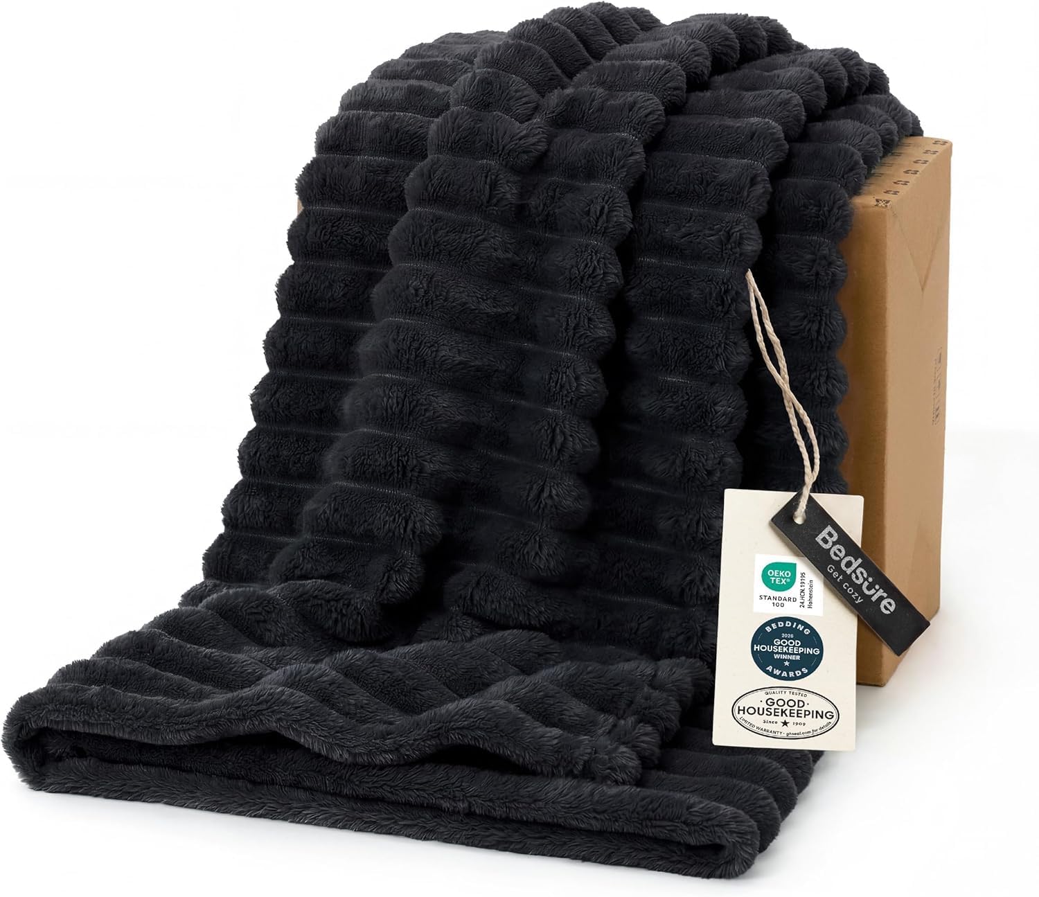 Ribbed plush fleece throw blanket in black