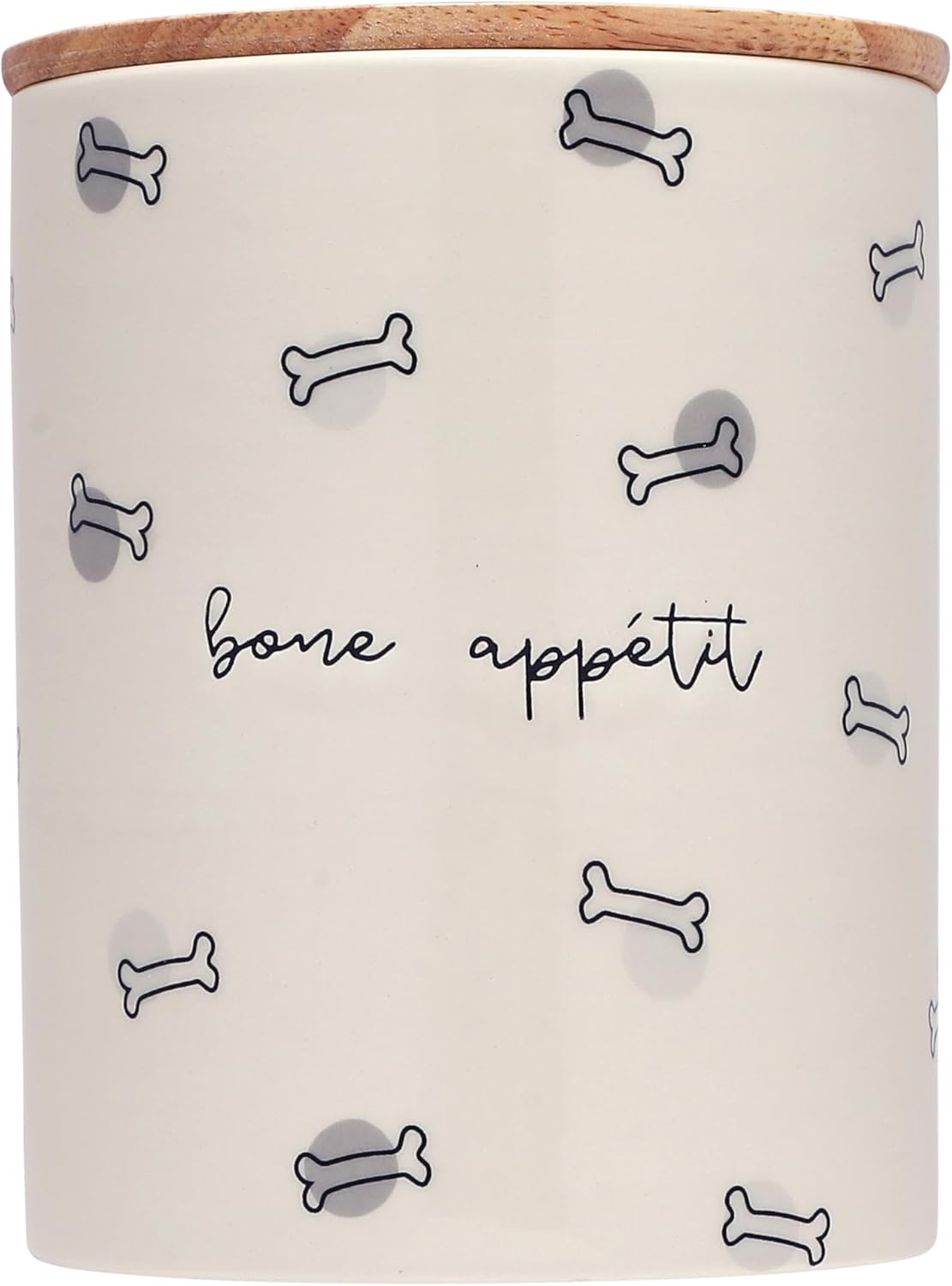 Bone Appétit ceramic dog treat jar with wooden lid
