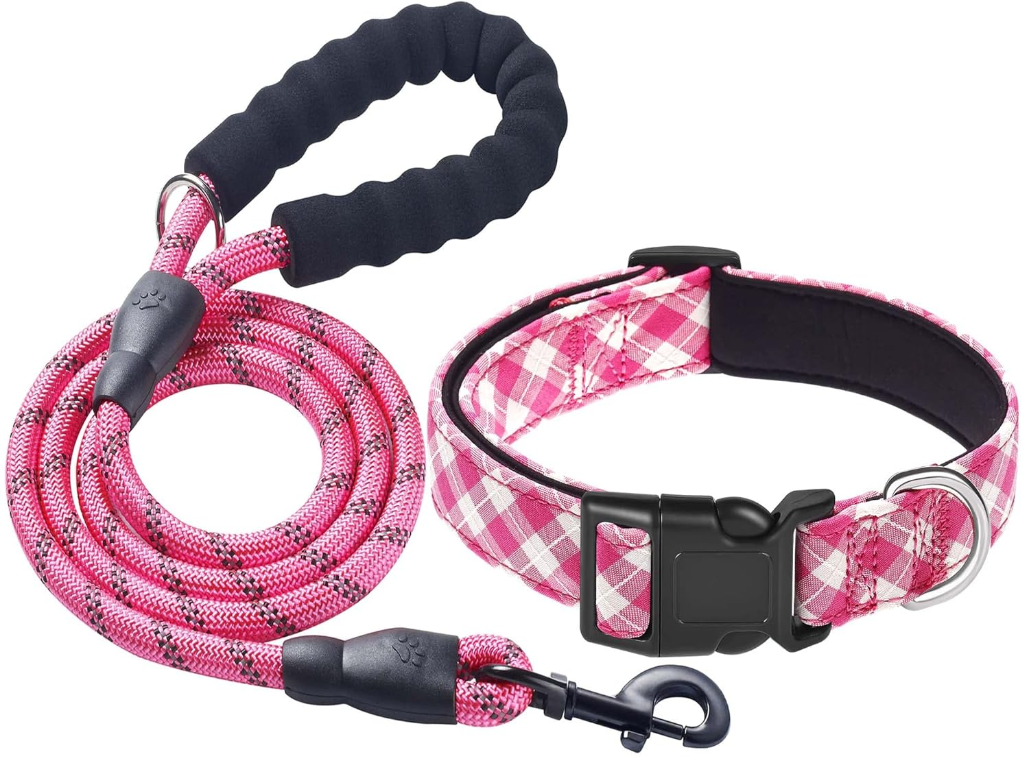 Matching pink plaid dog collar and rope lead set