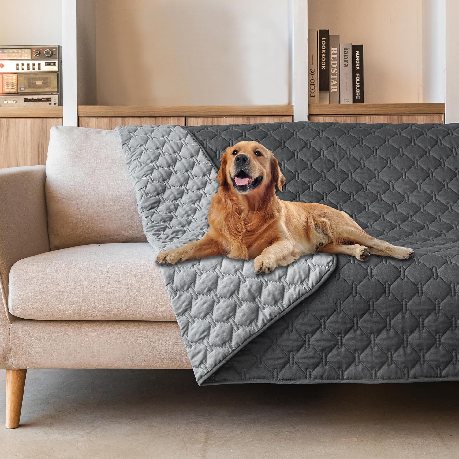 Grey sherpa fleece blanket for a dog crate