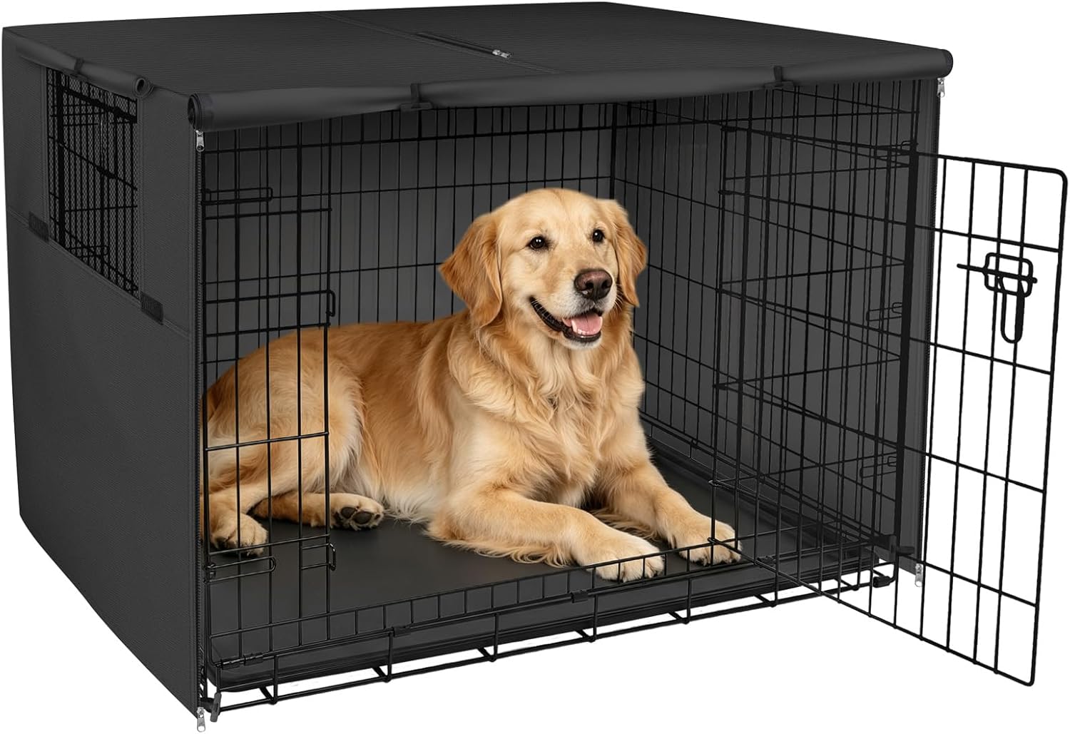 Black puppy crate cover with mesh panels