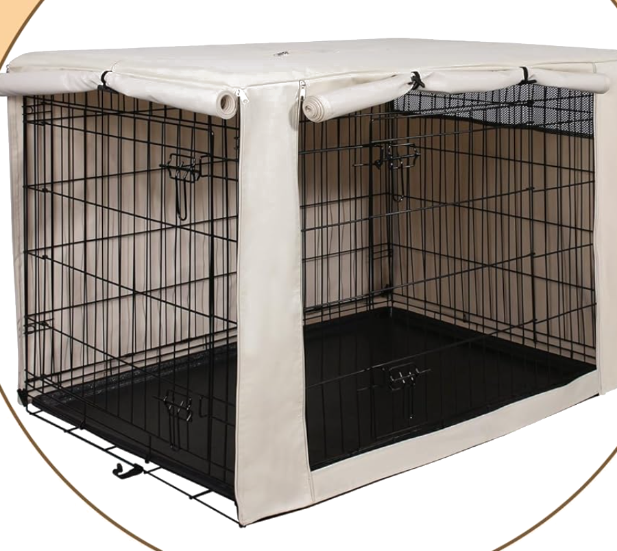 Cream crate cover with zip opening on wire dog crate