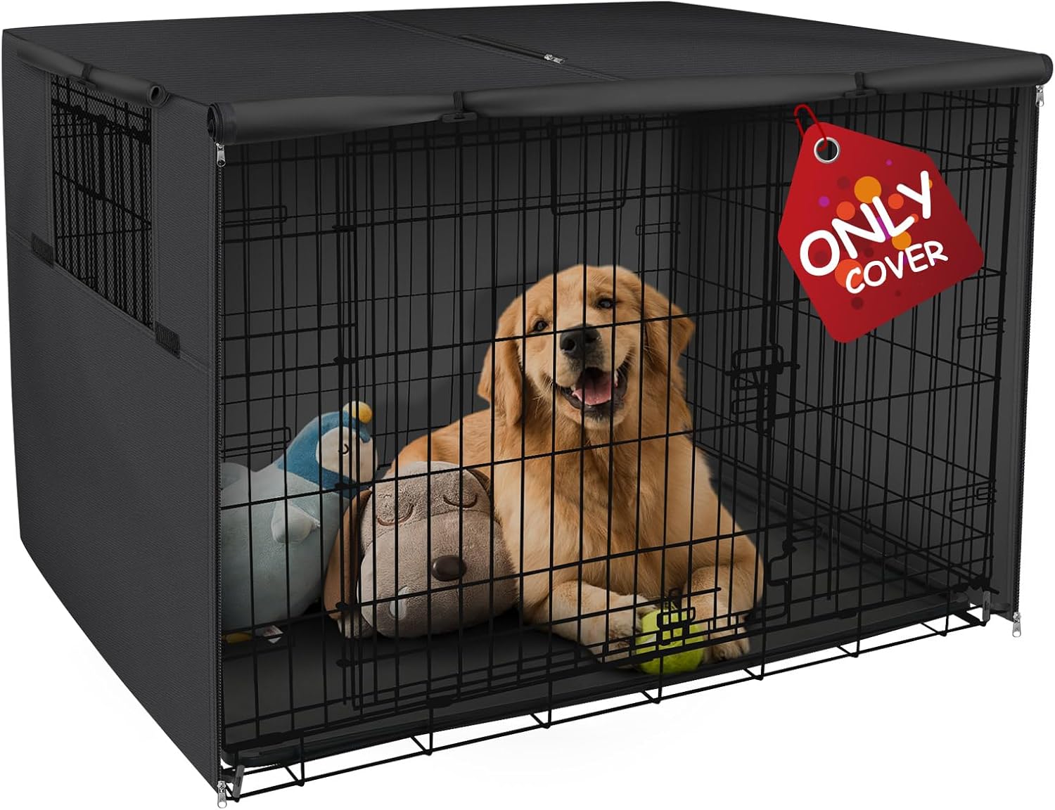 Golden retriever resting beside a covered dog crate in a living room