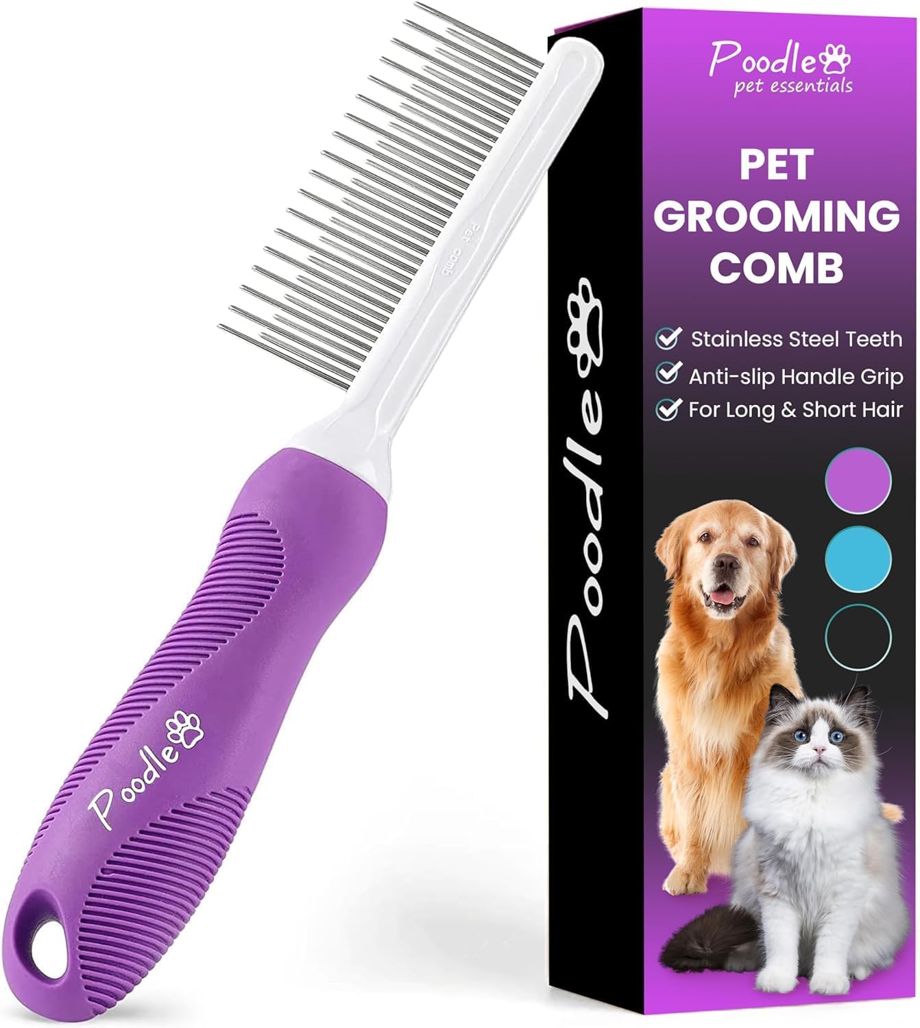 Detangling pet comb with long and short steel teeth