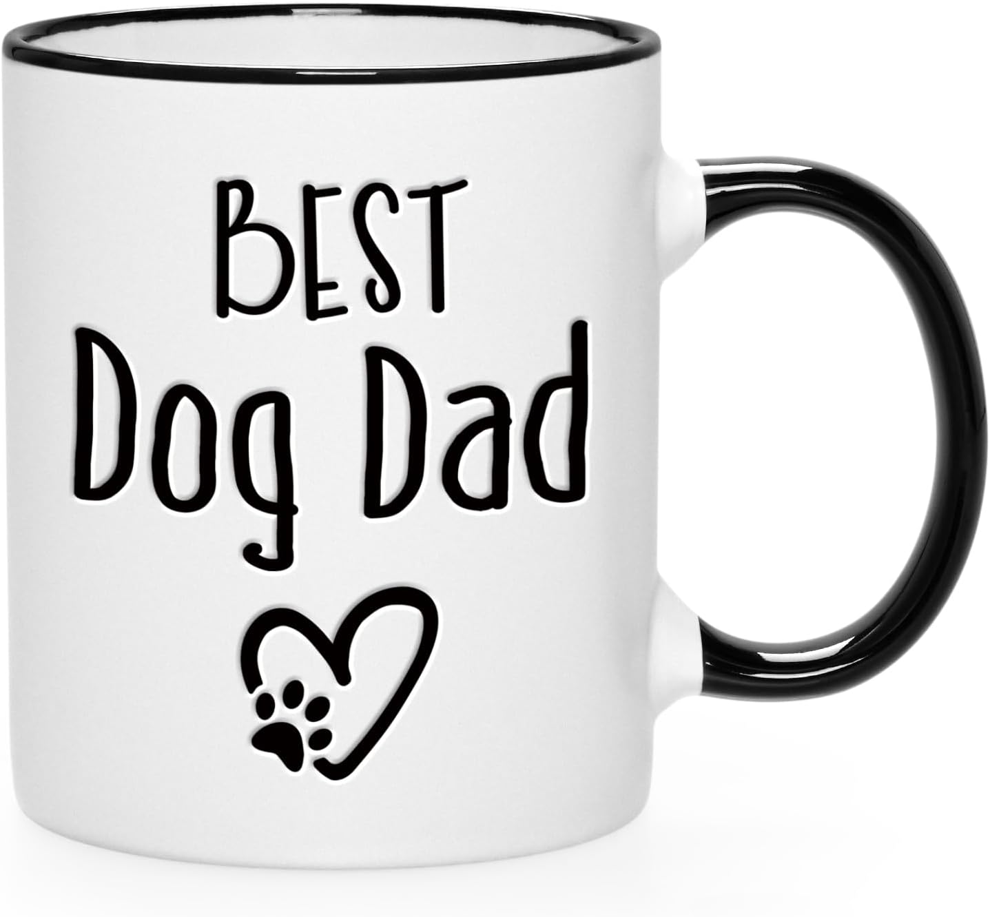 Best Dog Dad ceramic mug with black handle and paw print heart design