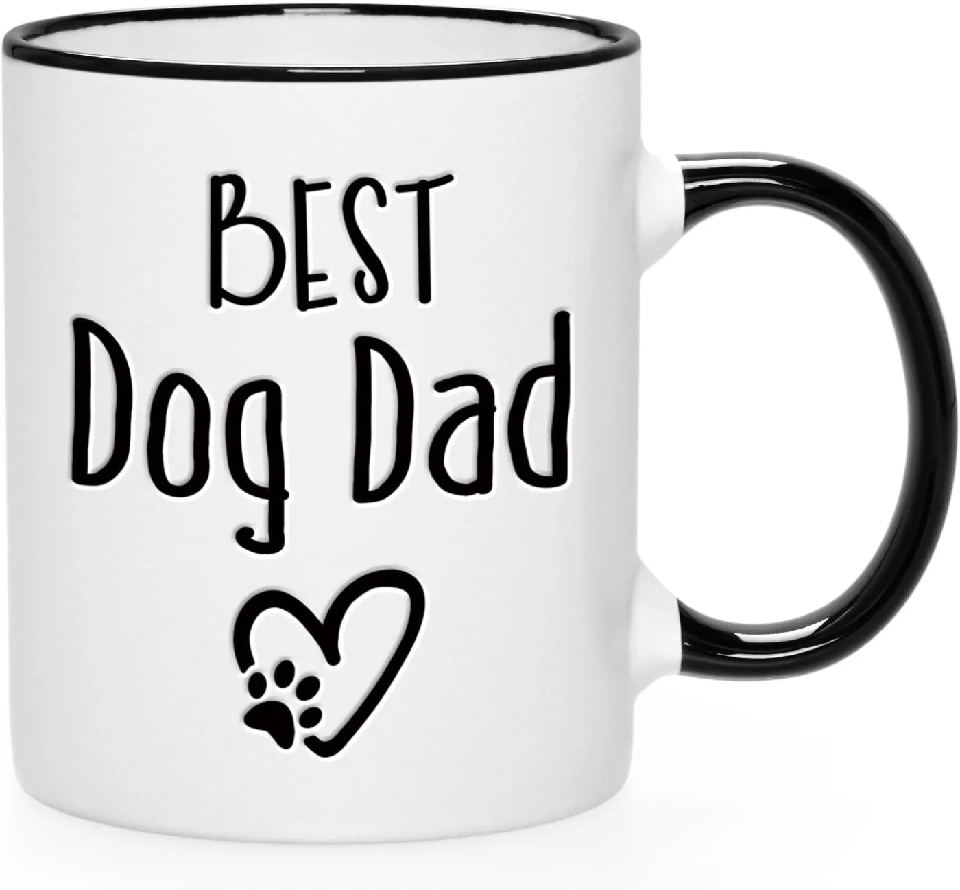 Best Dog Dad ceramic mug with black handle and paw print heart design