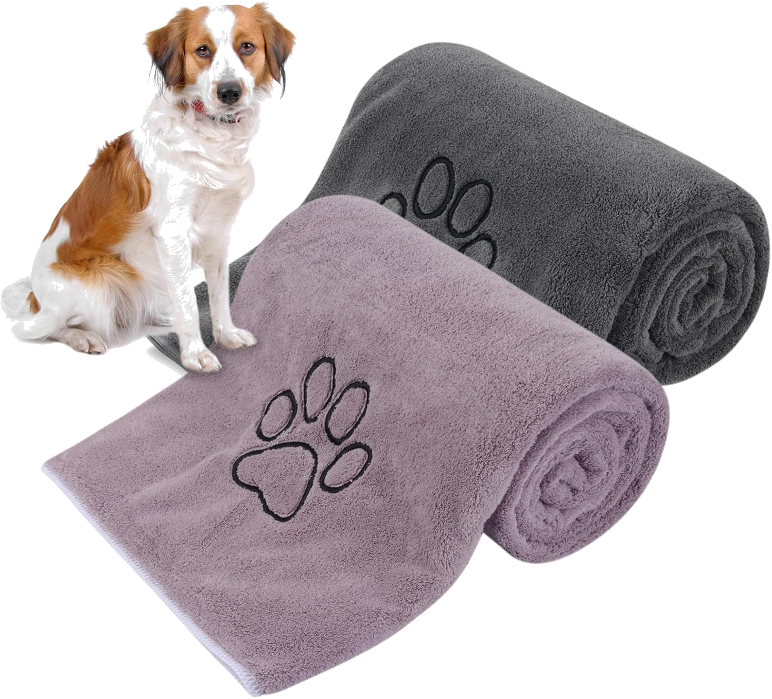 Grey and mauve microfiber dog drying towels with paw print embroidery