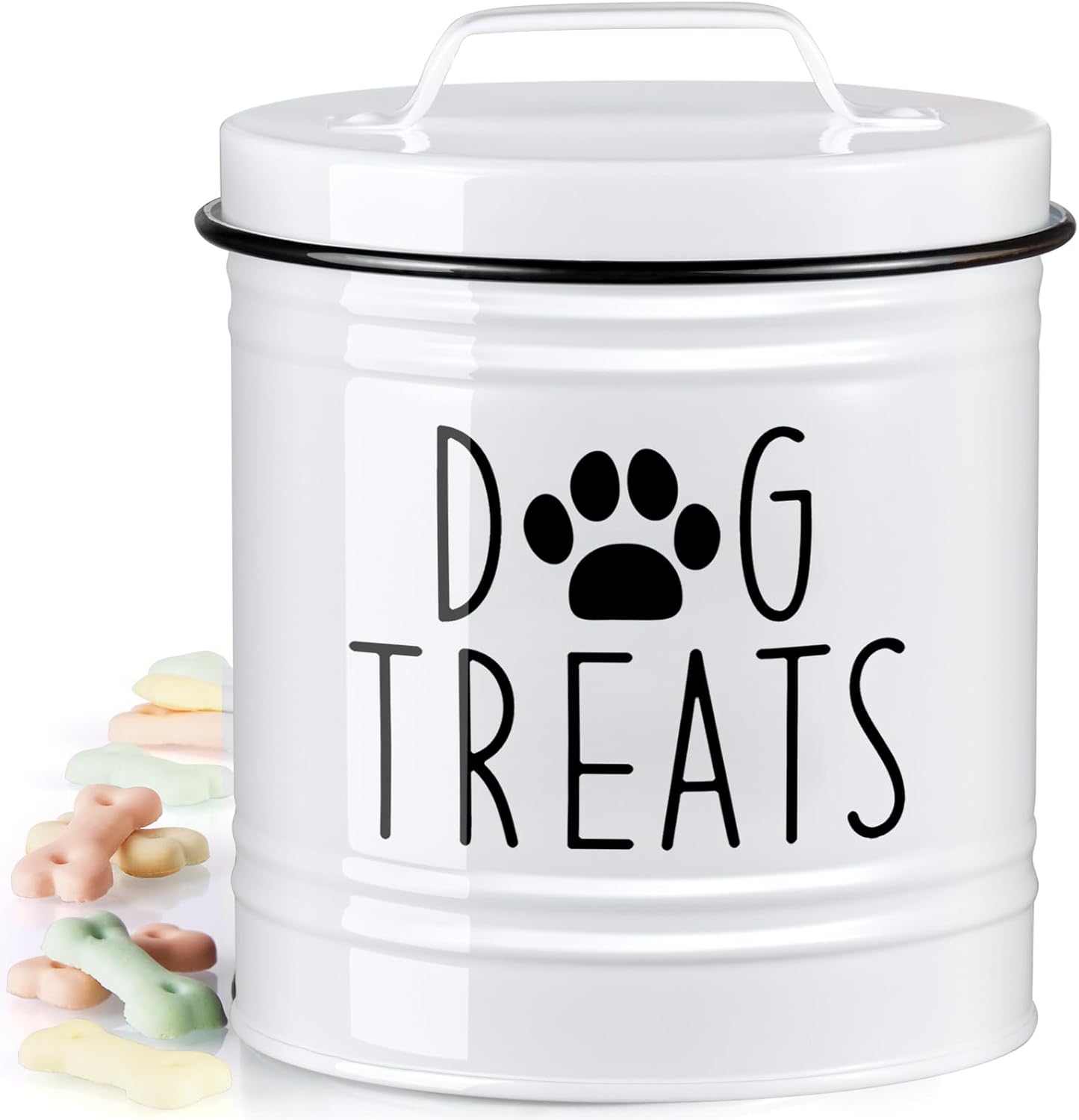 White metal airtight dog treat tin with paw print design