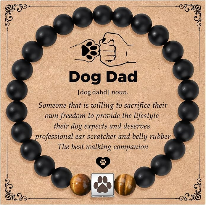 Dog Dad beaded bracelet with tiger eye stones and paw charm