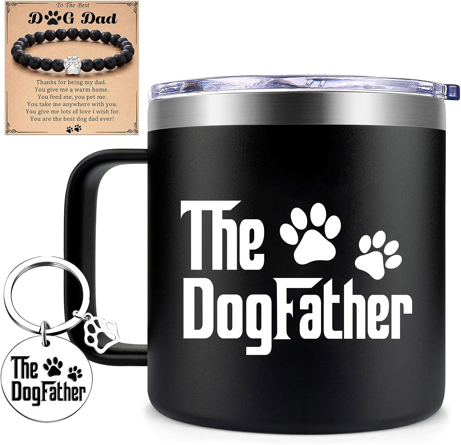 The DogFather insulated mug with paw print keychain and beaded bracelet gift set