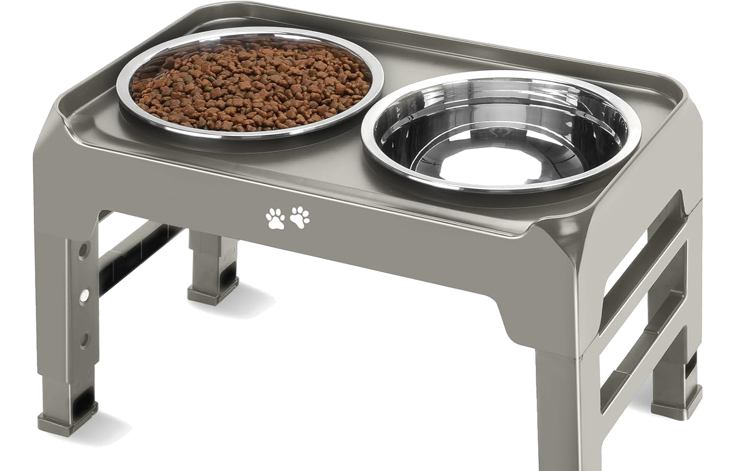 Elevated dog feeding stand with two stainless steel bowls
