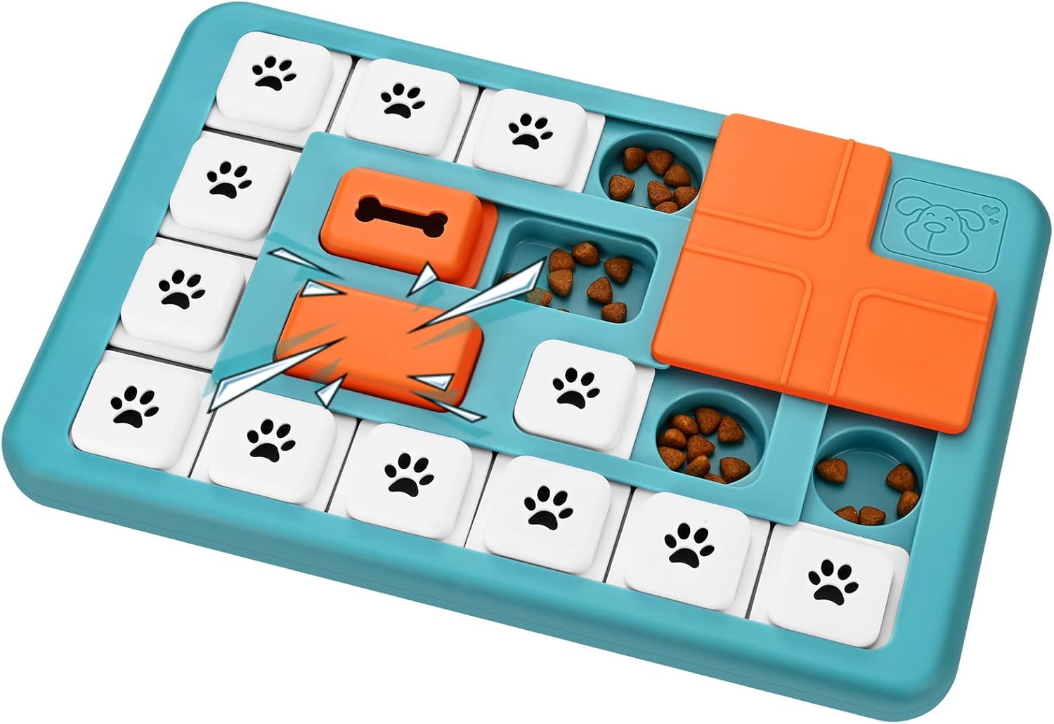 Interactive dog treat puzzle toy — slide and flip board