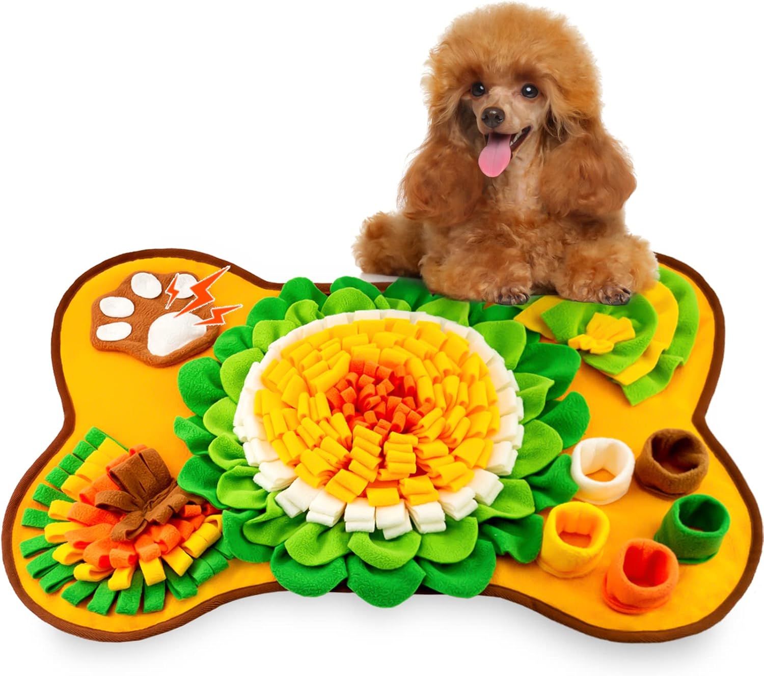 Bone-shaped snuffle mat for dogs with flower foraging sections