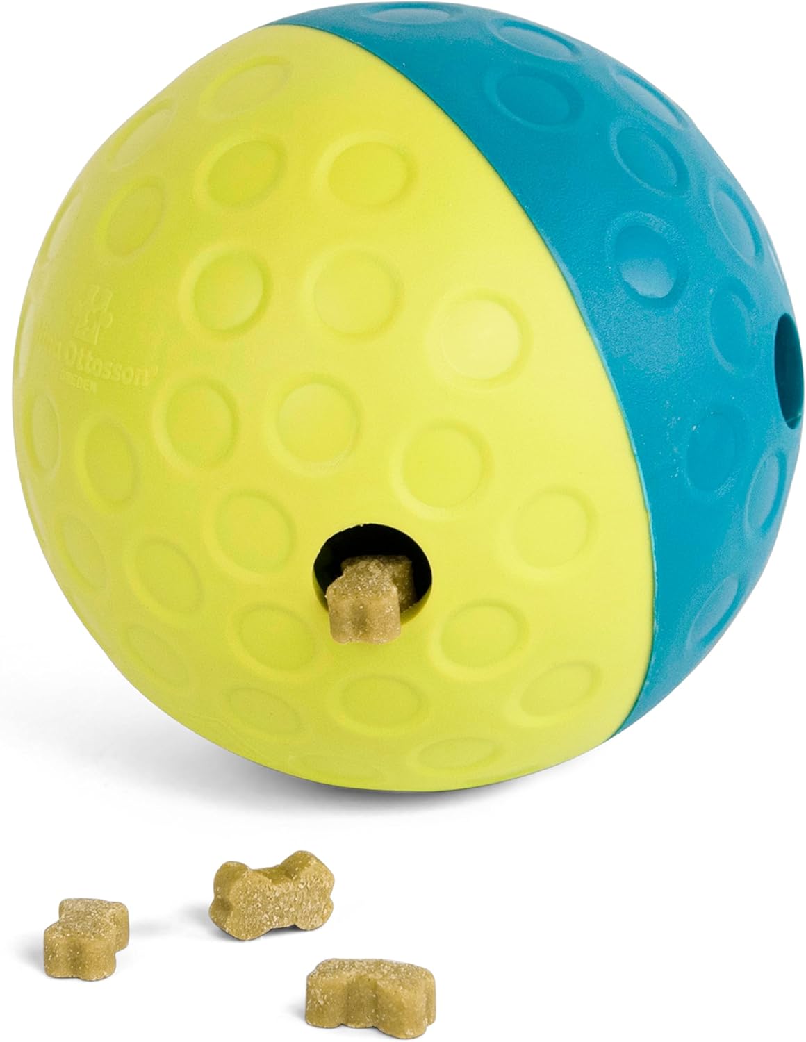 Interactive food-dispensing dog puzzle ball — yellow and teal