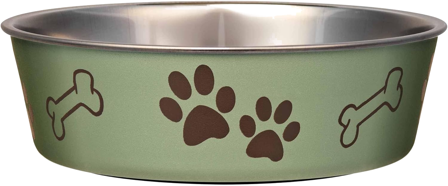 Sage green stainless steel dog water bowl with paw print and bone design