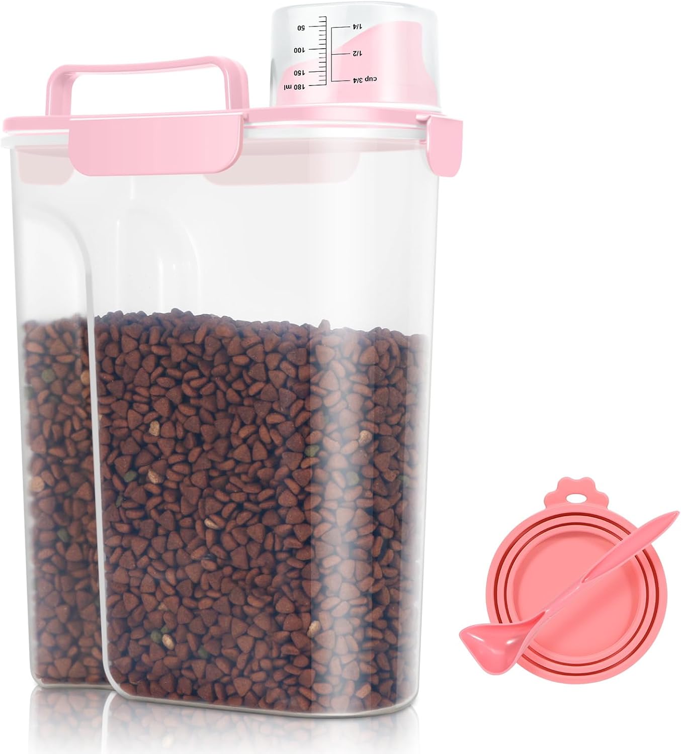 Pink dog food storage container with scoop