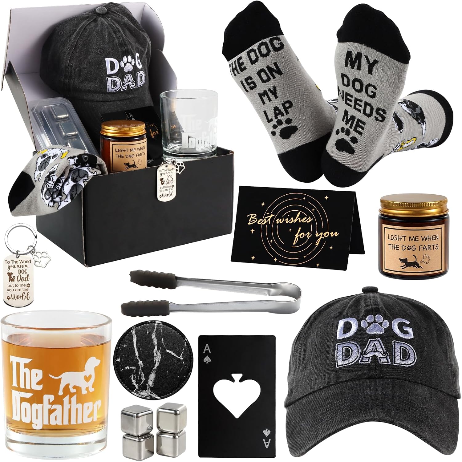Dog Dad gift box set with cap, whiskey glass, socks, candle and coasters