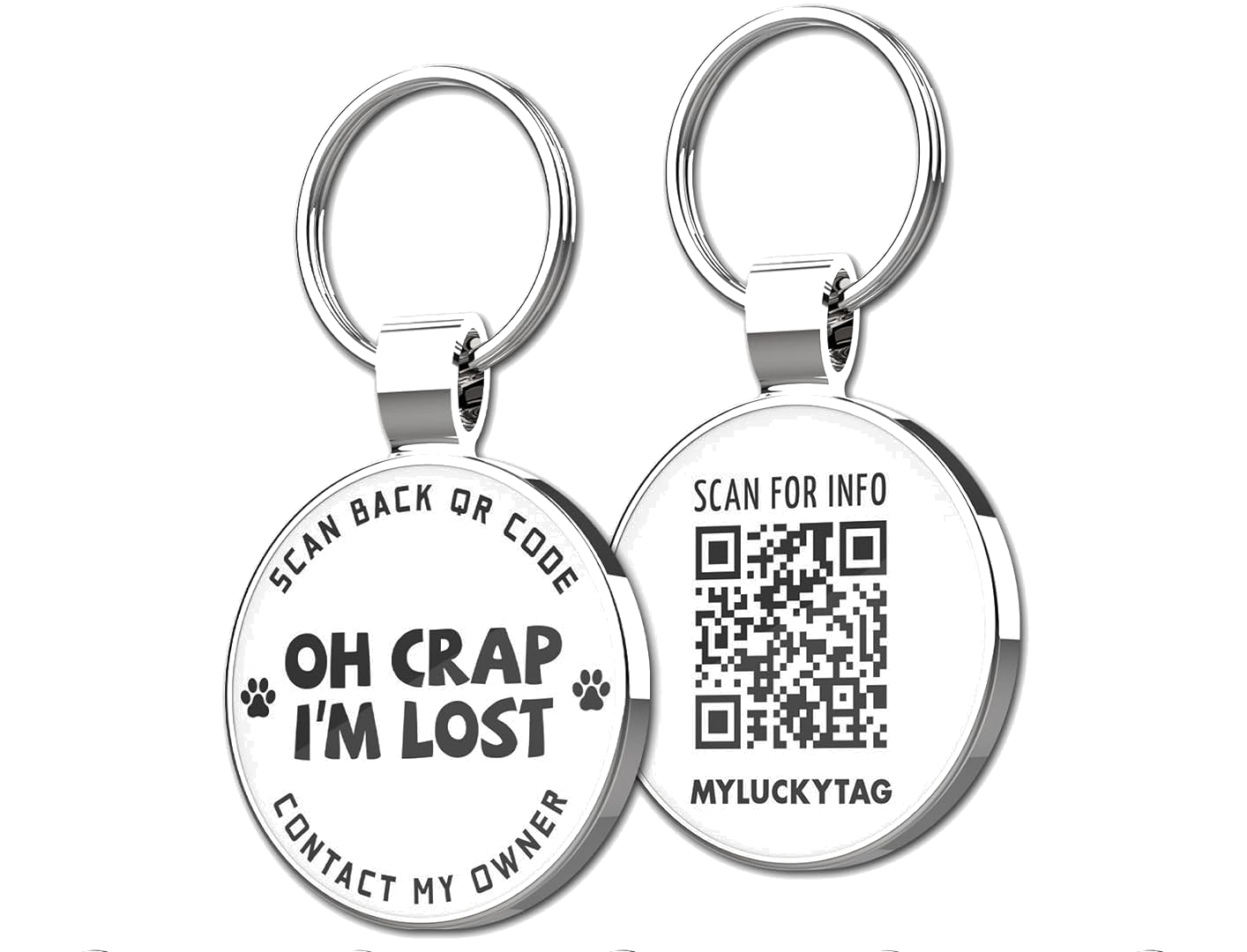 Round stainless steel dog ID tag with QR code