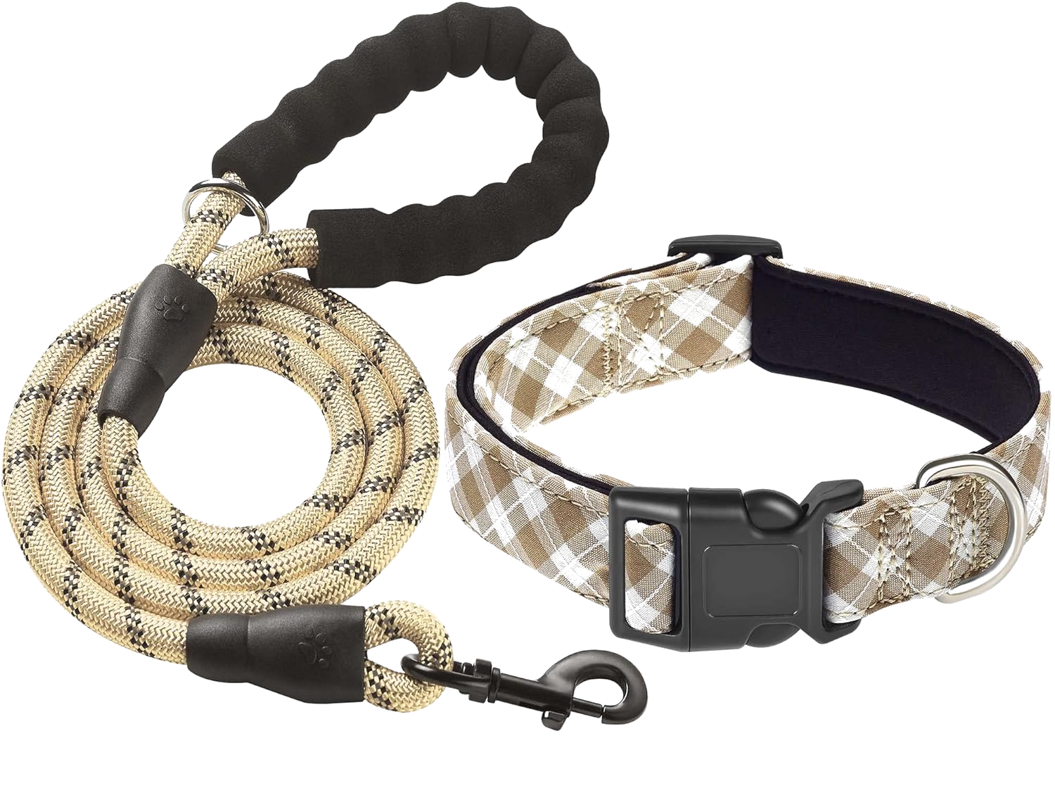 Rope leash and plaid dog collar set
