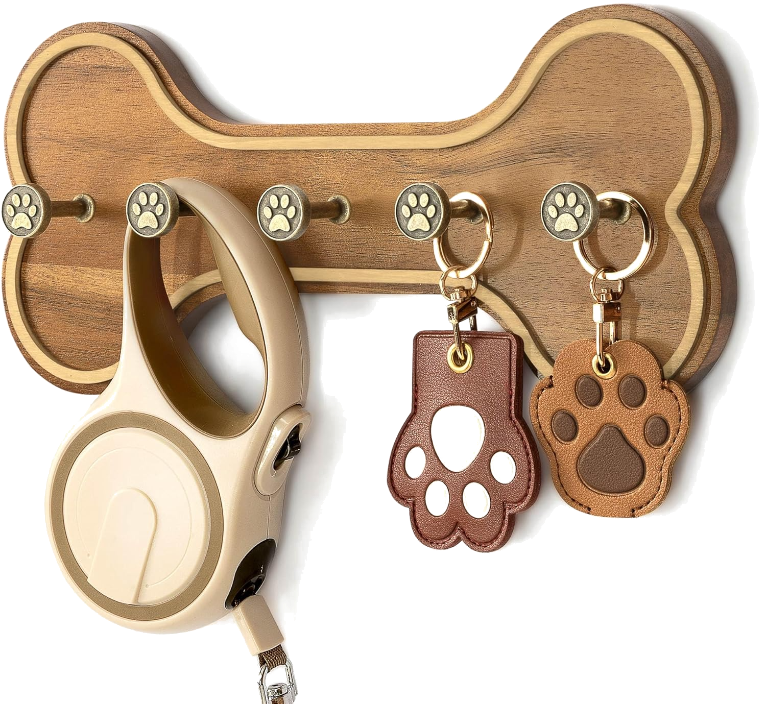 Wooden bone-shaped dog leash hanger with paw print hooks