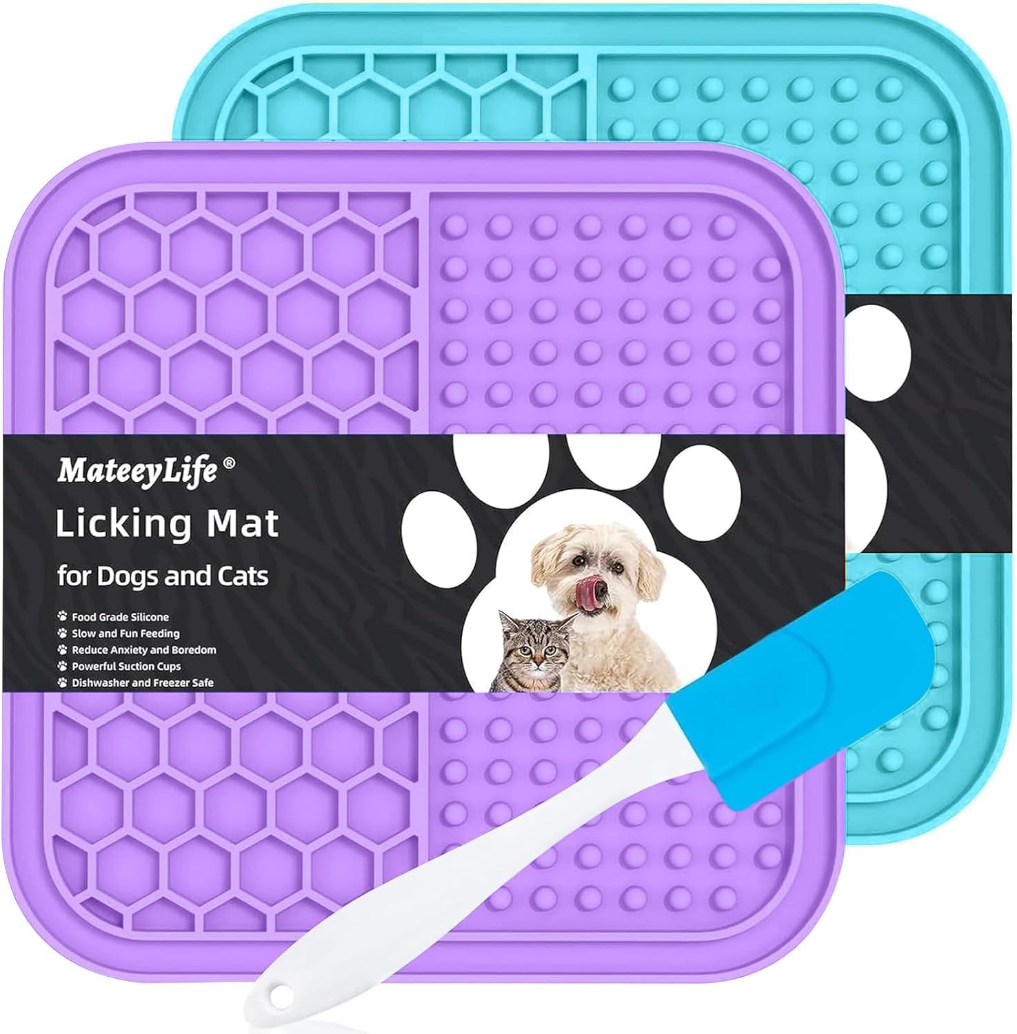 MateeyLife Licking Mat 2-pack for dogs — purple and teal with silicone brush