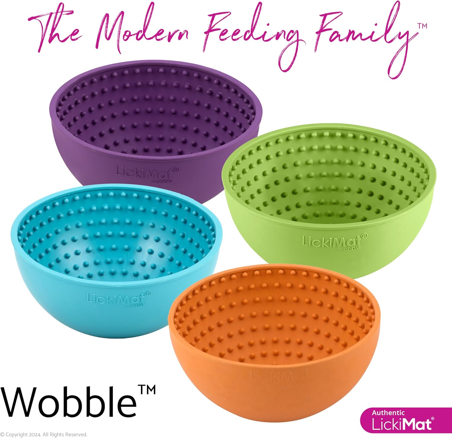 LickiMat Wobble enrichment bowl in purple, teal, green and orange