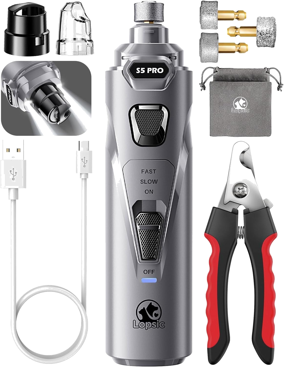Electric dog nail grinder set with nail clippers and grinding bits
