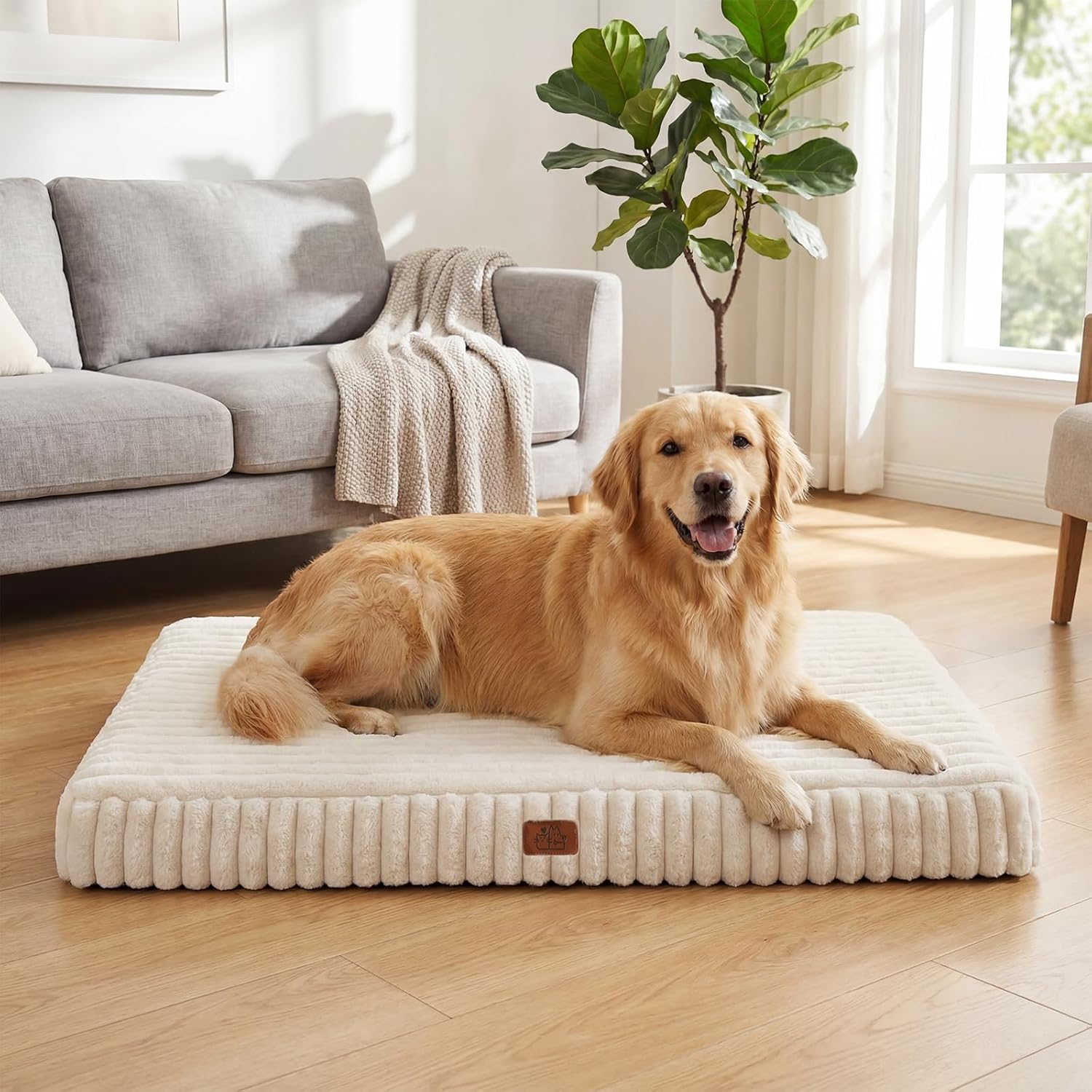 Orthopedic dog bed with golden retriever on cream mat