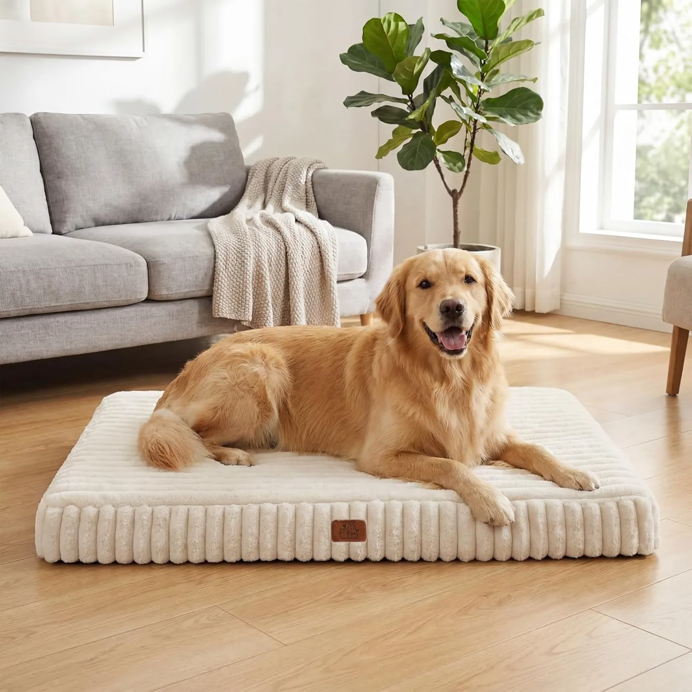 Orthopedic dog bed with golden retriever on cream mat