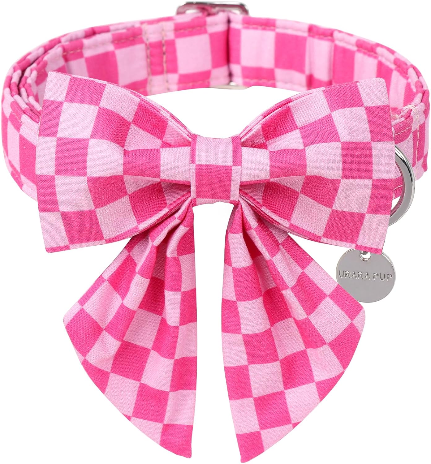 Pink checkerboard puppy collar with bow