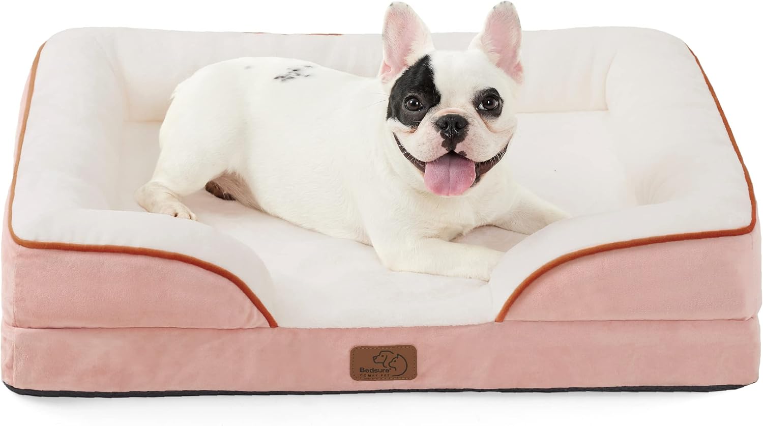Blush pink orthopedic puppy bed with bolster