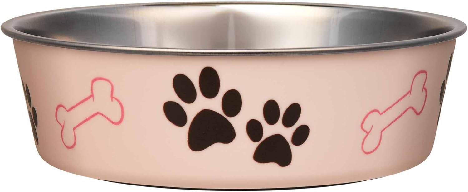Pink stainless steel puppy bowl with paw print design