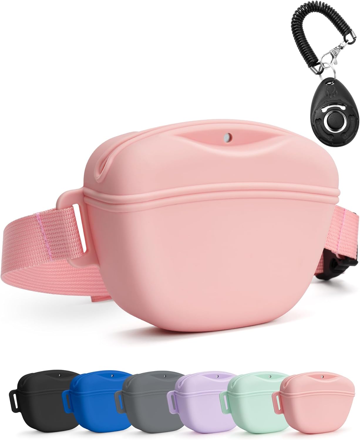 Pink silicone treat bag with training clicker