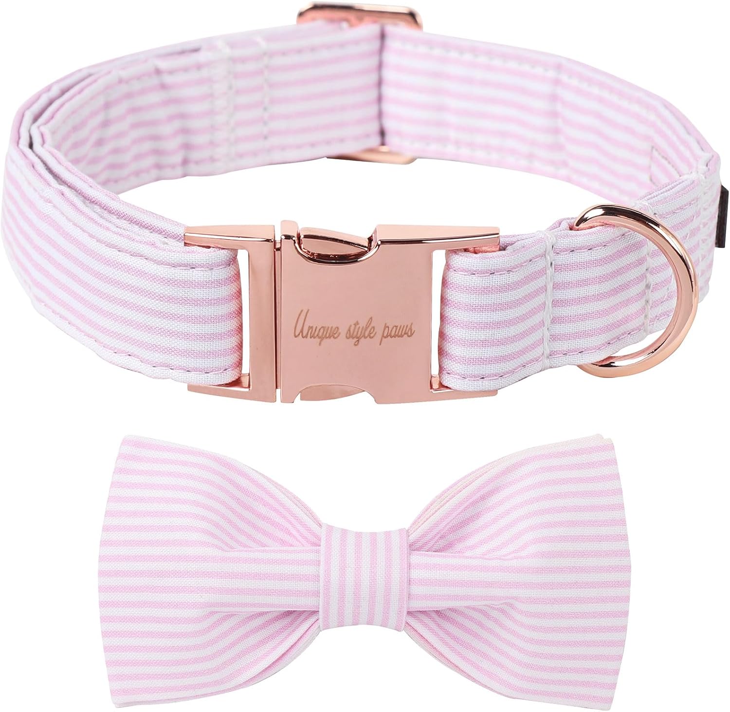 Pink stripe puppy collar with removable bow and rose gold buckle