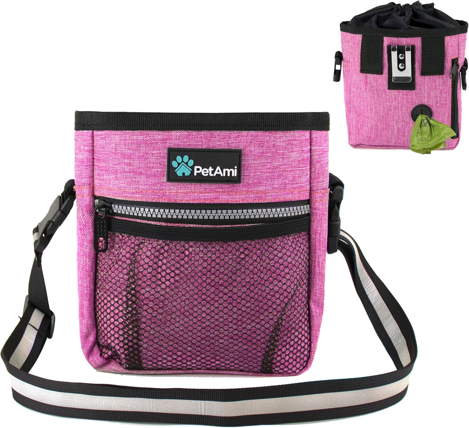 Pink dog treat training pouch with shoulder strap
